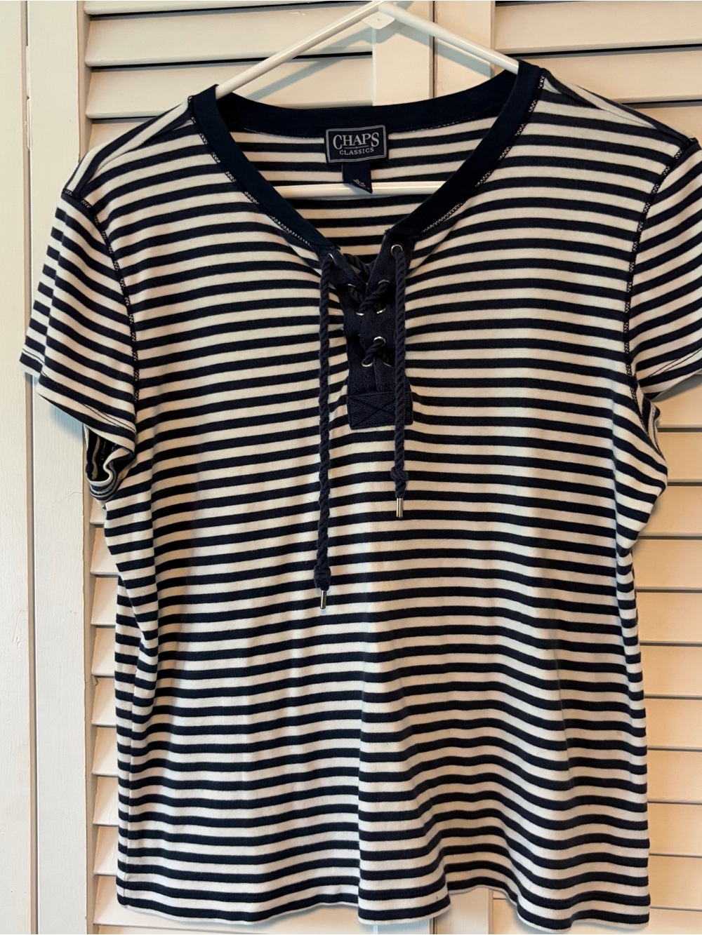 Chaps Black and White Striped Lace-Up Short Sleeve Top